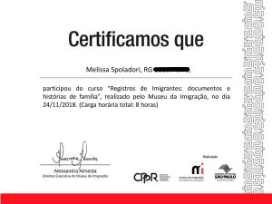 Certificado do Museu da Imigração de SP sobre imigração italiana