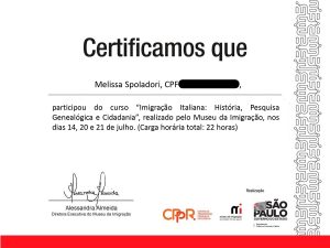 Certificado do Museu da Imigração de SP sobre imigração italiana